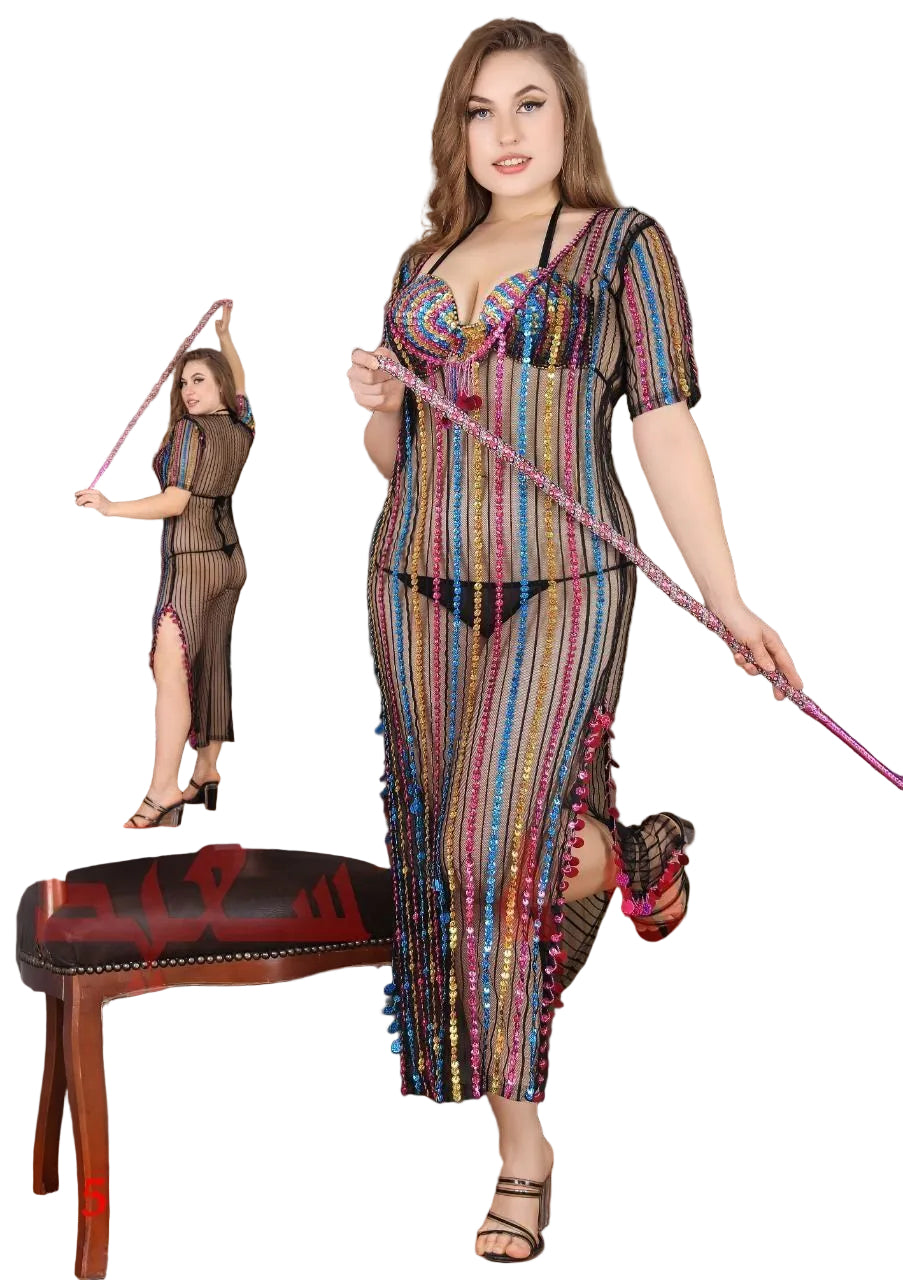 Woman in colorful lingerie holding a leash with 'Sheer Lingerie' branding.
