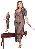 Woman in colorful lingerie holding a leash with 'Sheer Lingerie' branding.
