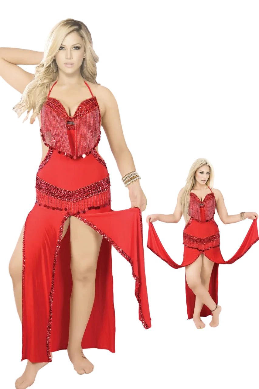 A red belly dancing costume with fringe and sequins, modeled on a white background with a brand logo for 'El Hana Kolle' and an inset showing the outfit on a green platform.