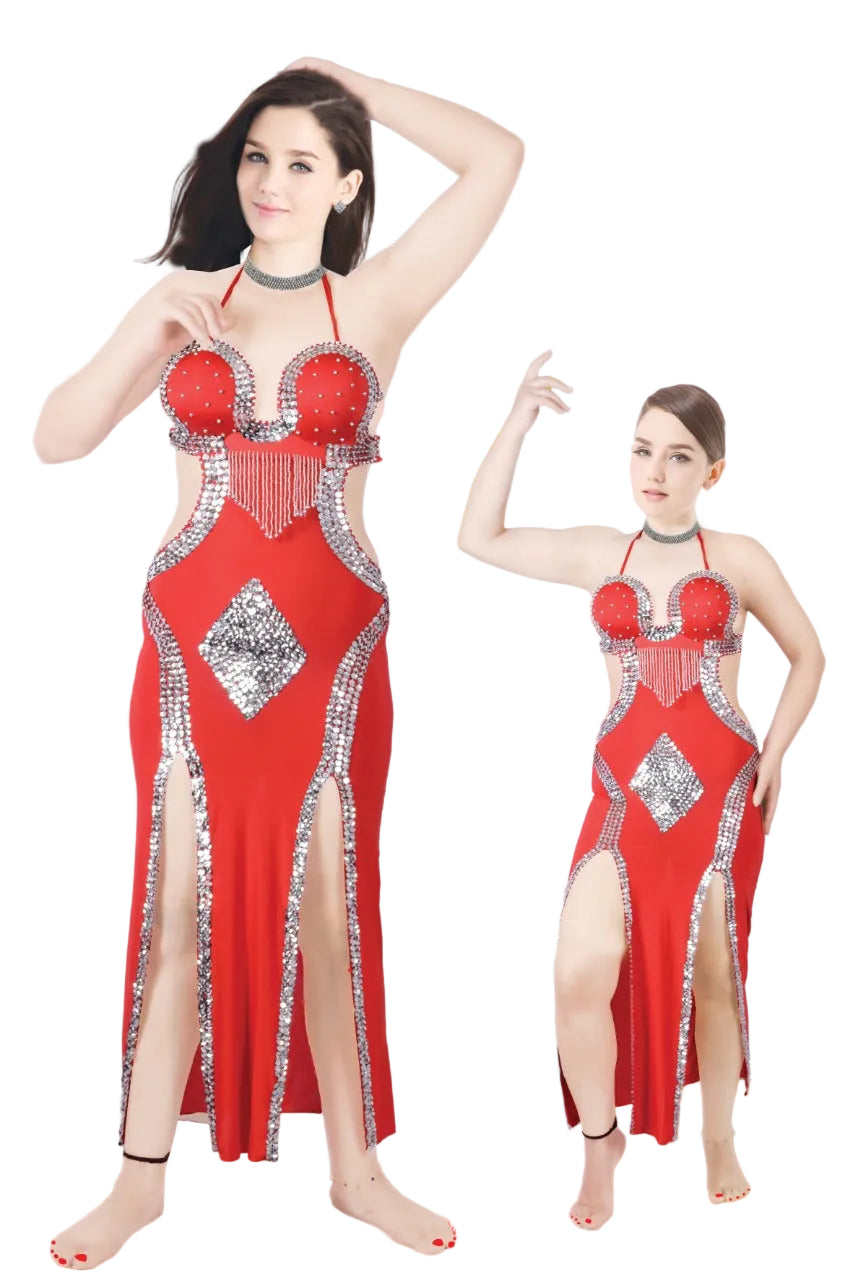 A red and silver embellished halter-neck belly dance dress shown on a model in a bedroom setting, with a smaller inset of the same dress 