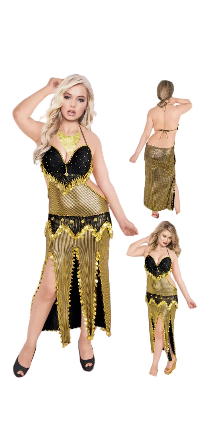 Model wearing a gold and black outfit with a brand logo in the corner.