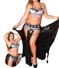A model wearing an Egyptian belly dance costume, which includes a belt, skirt, and bra. The costume is predominantly black with silver and multicolored embroidery.