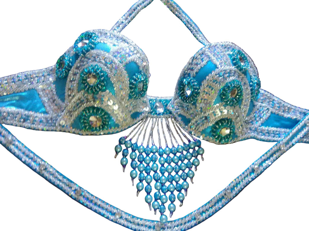 Decorative blue and silver bra with intricate designs on a white background