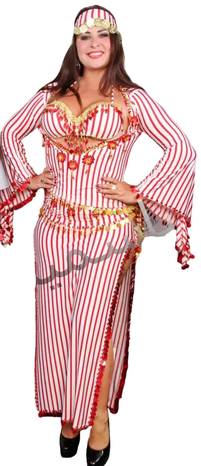 Woman wearing a red and white striped belly dance costume with gold accents on a white background