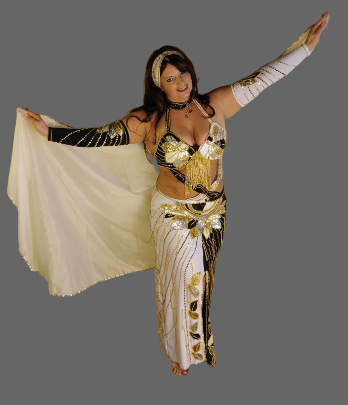 professional Egyptian belly dance costume featuring a richly decorated skirt & bra with glass beads and sequins