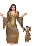 Woman in elaborate gold and black costume holding a staff, with a smaller figure of the same costume beside her.