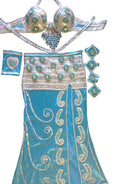 Turquoise traditional outfit with decorative elements on a white background