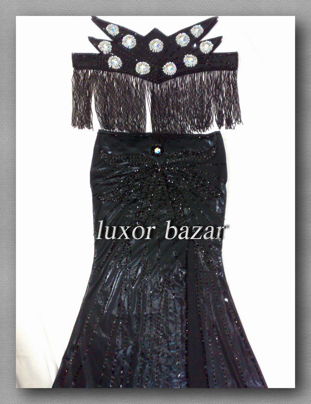 professional belly dance Black Outfit, which includes a skirt, belt, and top with bead and sequin decorations.