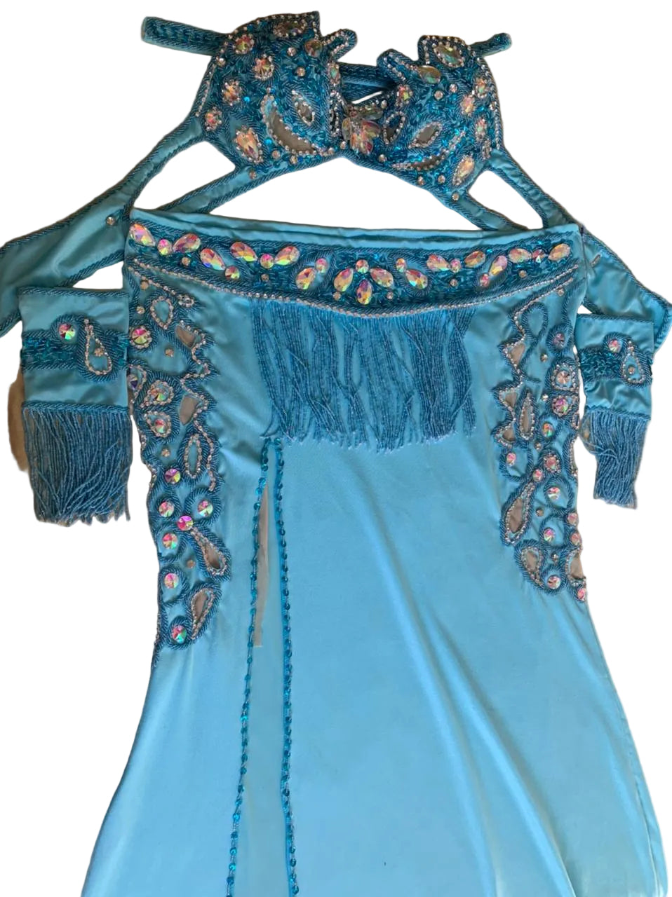 Handmade Egyptian Belly Dance Costume – Custom Lycra Outfit with Sexy Cutouts, Bra, Skirt & Sleeves – Luxor Bazar Exclusive