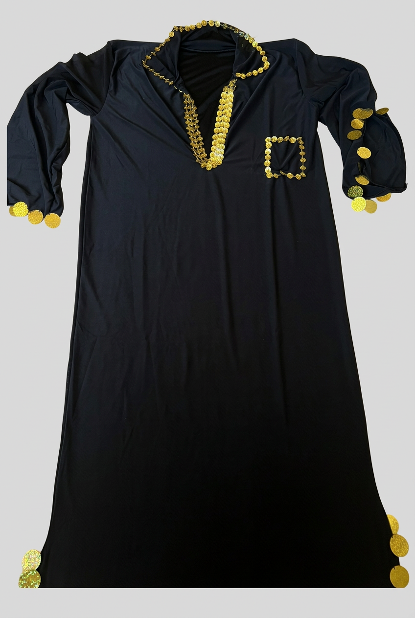 Front flat-lay view of a black belly dance galabia with gold-tone sequins edging the collar, neckline, chest pocket and side slits.
