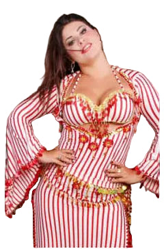 Woman wearing a red and white striped dress with floral patterns on a white background