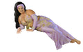 A person posing in a purple belly dance costume with embellishments, including a skirt, bra, sleeves, and a headband.