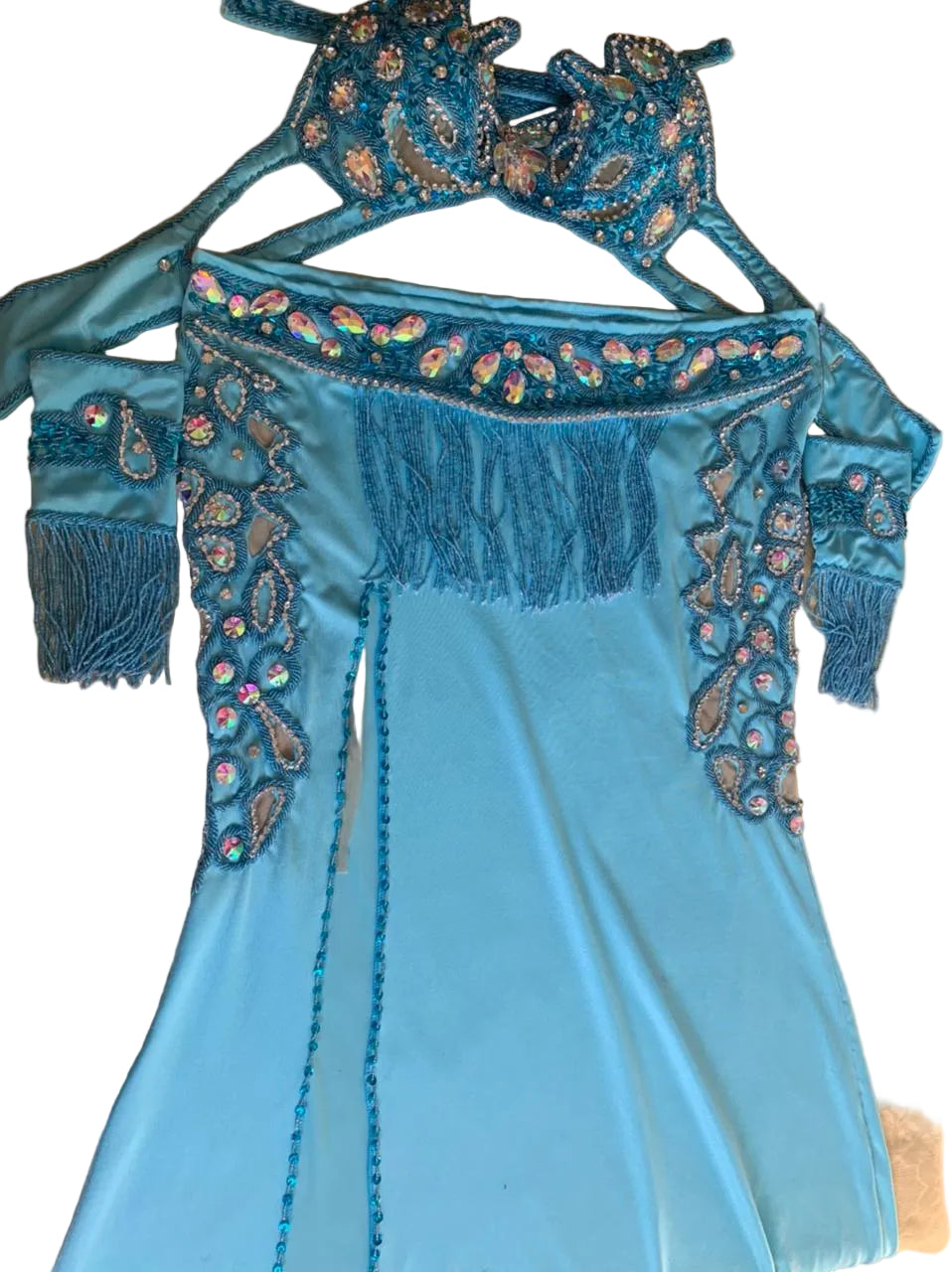 Handmade Egyptian Belly Dance Costume – Custom Lycra Outfit with Sexy Cutouts, Bra, Skirt & Sleeves – Luxor Bazar Exclusive