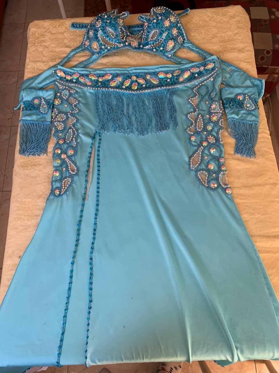 Handmade Egyptian Belly Dance Costume – Custom Lycra Outfit with Sexy Cutouts, Bra, Skirt & Sleeves – Luxor Bazar Exclusive