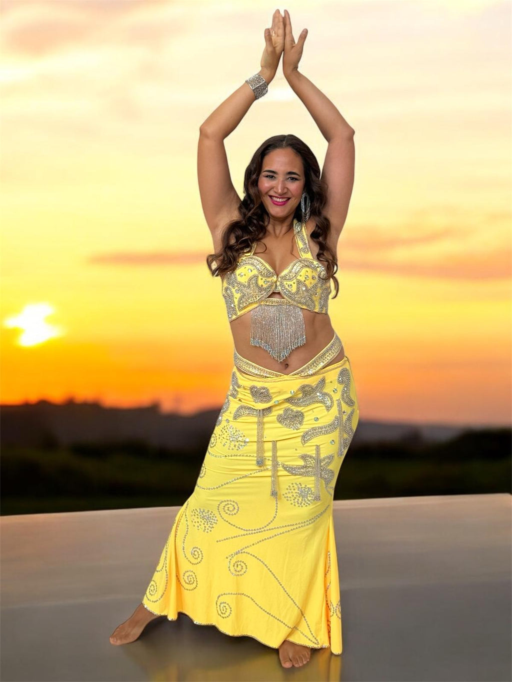 Vibrant Yellow Egyptian Belly Dance Costume, Custom-Made belly dance Dress, Handmade embroidered oriental outfit.