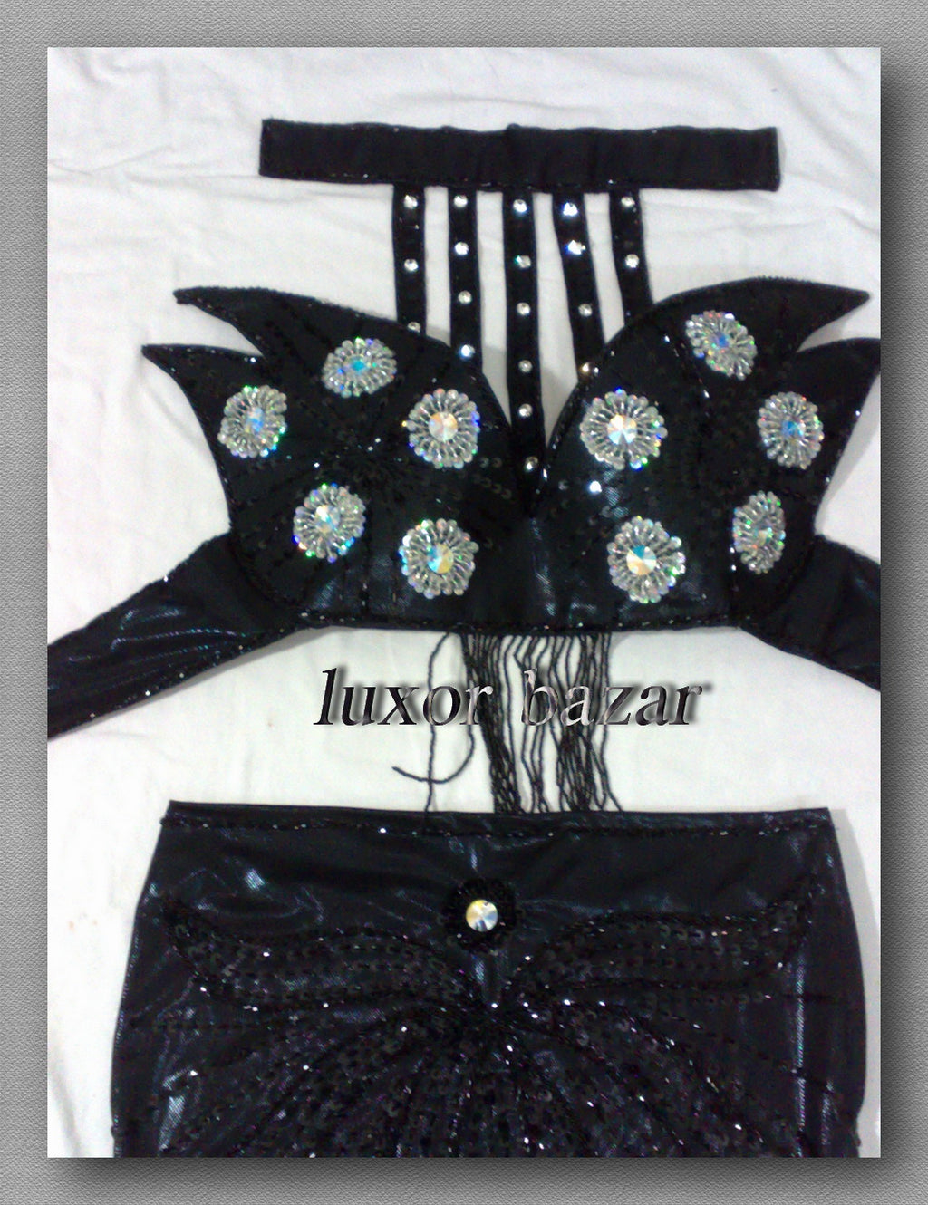 Professional belly dance costume set, Oriental dance ensemble, dancing set includes to, skirt and belt, handmade beaded and sequined.