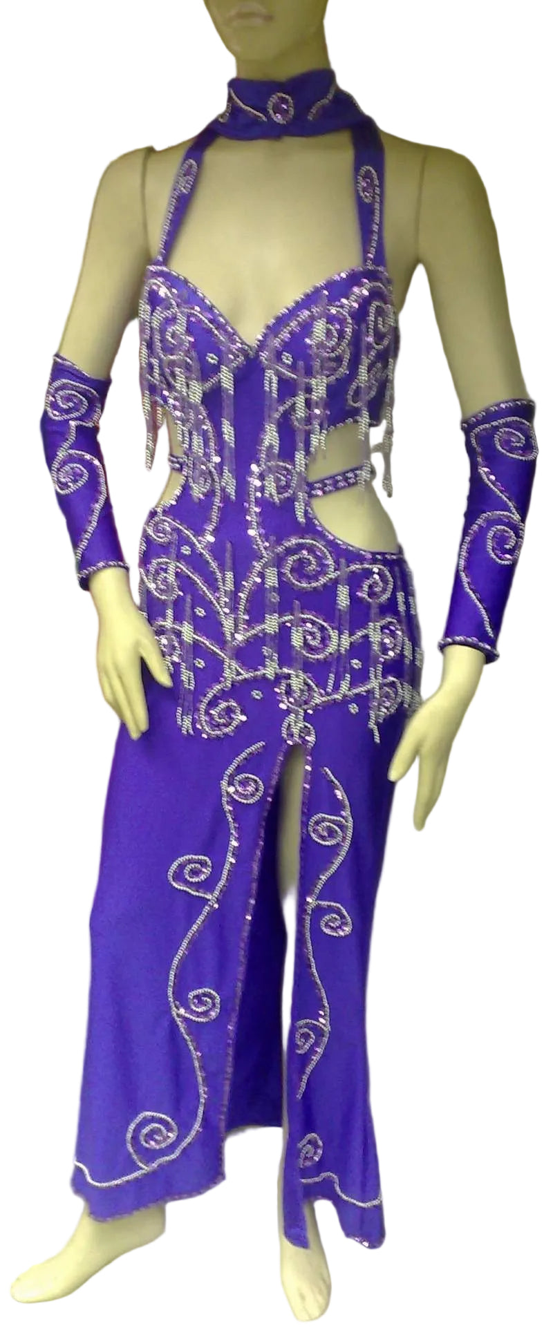 Purple costume with intricate designs on a mannequin