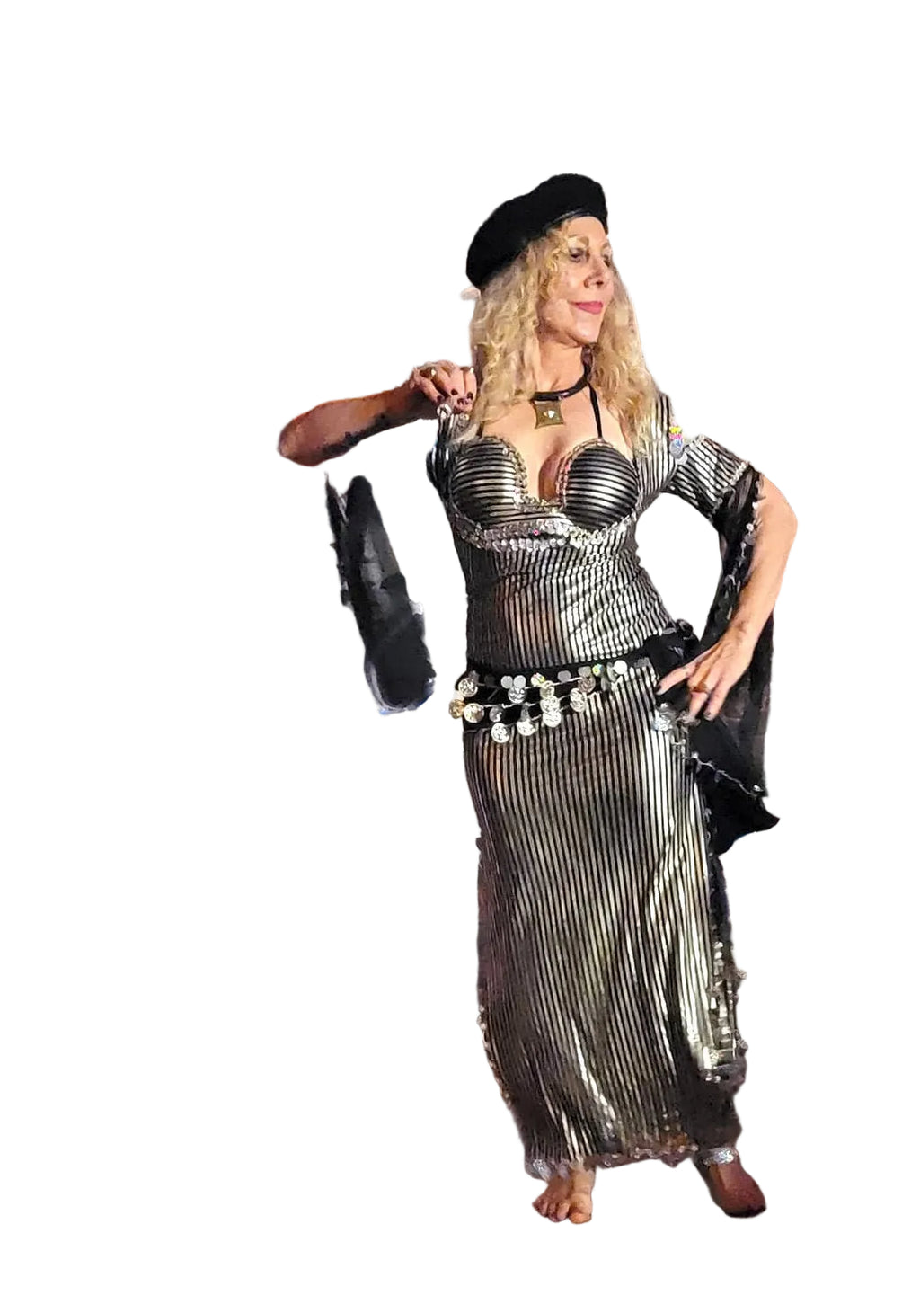 Person wearing a silver costume with a black hat on a white background