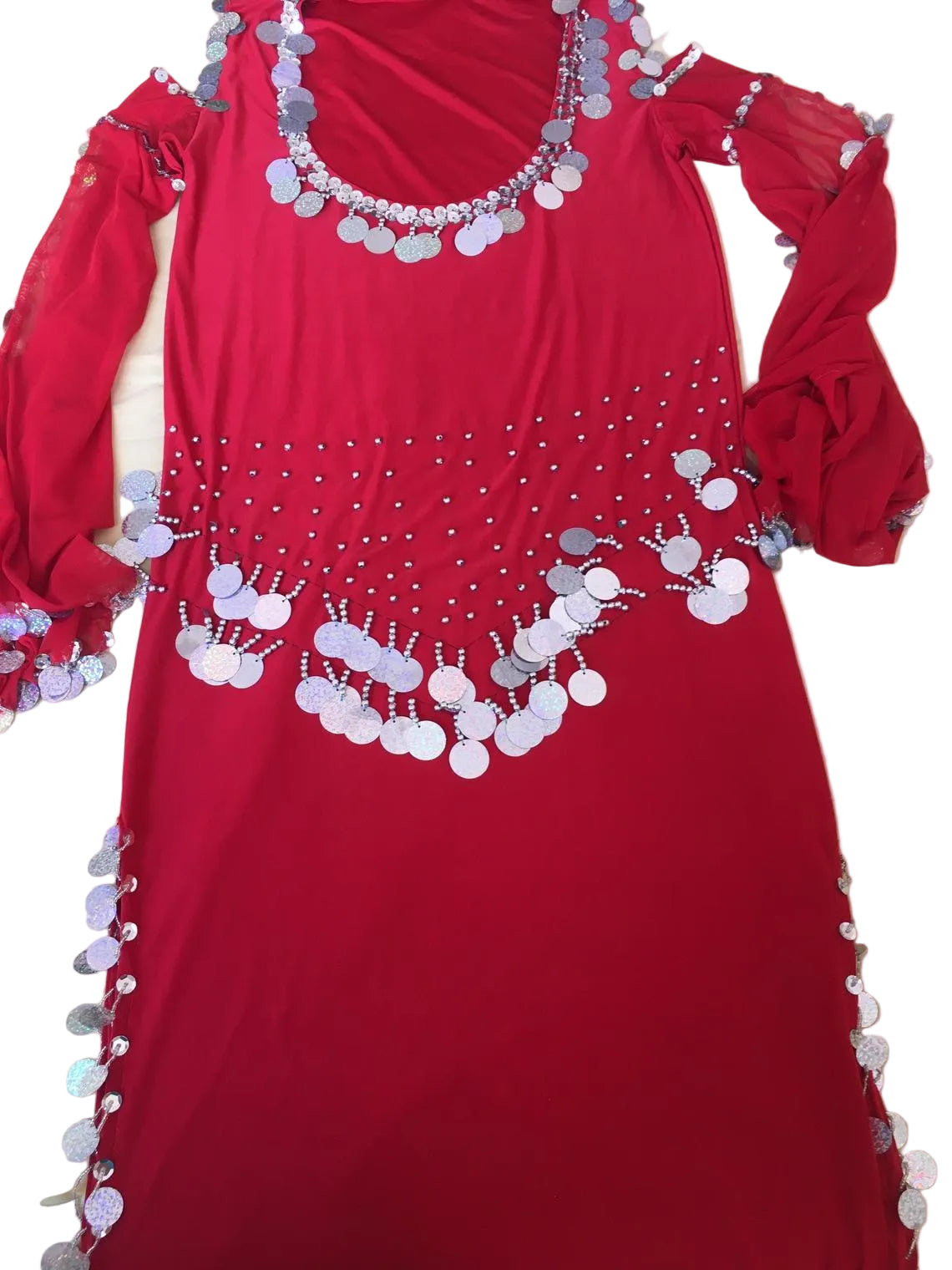 Red dress with silver embellishments on a white background
