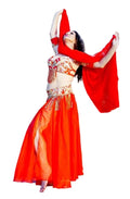 Dancer in a red and white costume with a long red scarf on a white background