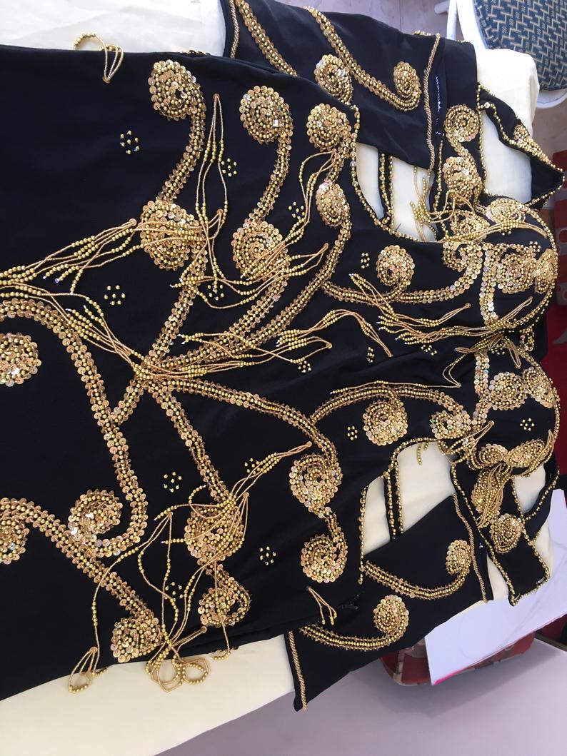 Luxury Custom Belly Dance Costume | Embroidered Oriental Dress with Sleeves | Professional Handmade for Any Size