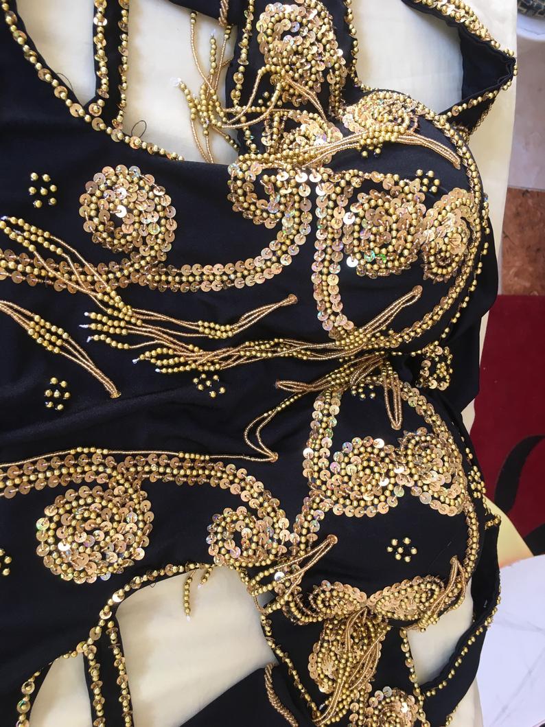 Luxury Custom Belly Dance Costume | Embroidered Oriental Dress with Sleeves | Professional Handmade for Any Size