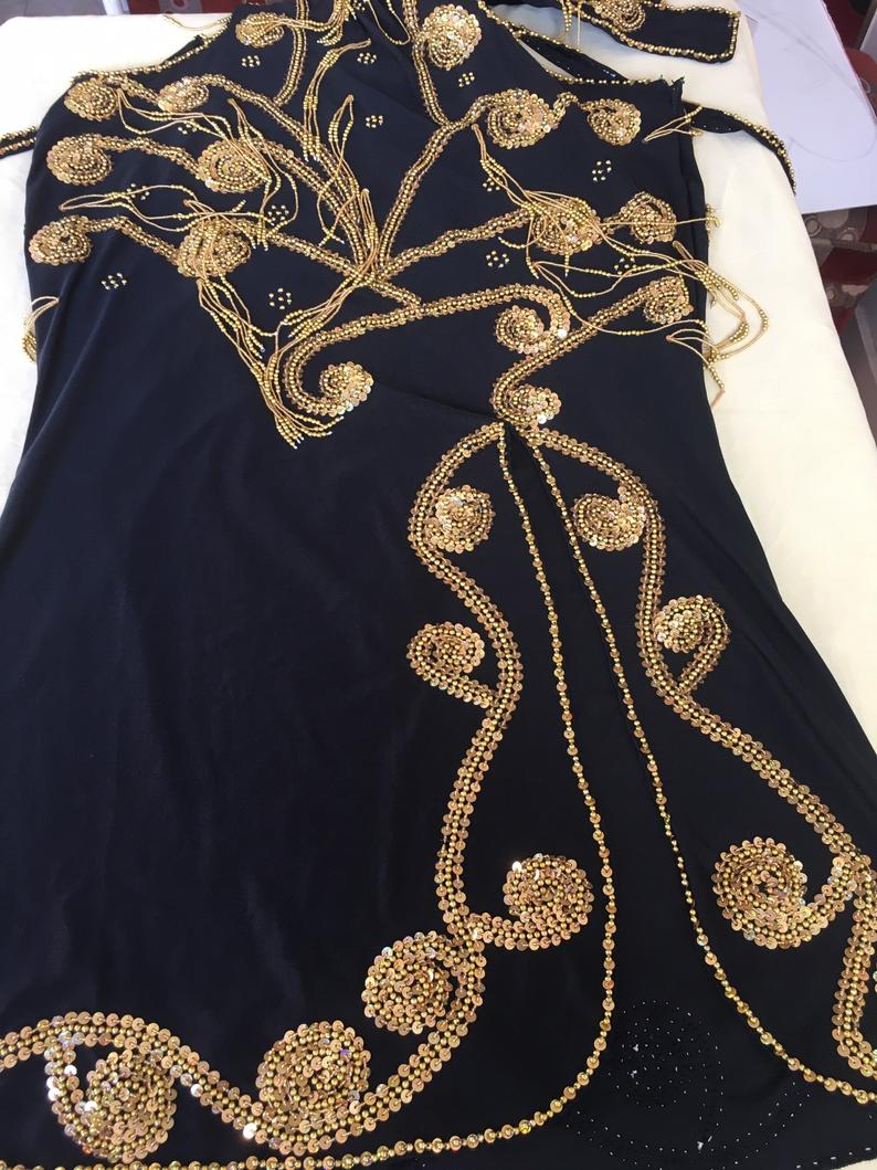 Luxury Custom Belly Dance Costume | Embroidered Oriental Dress with Sleeves | Professional Handmade for Any Size