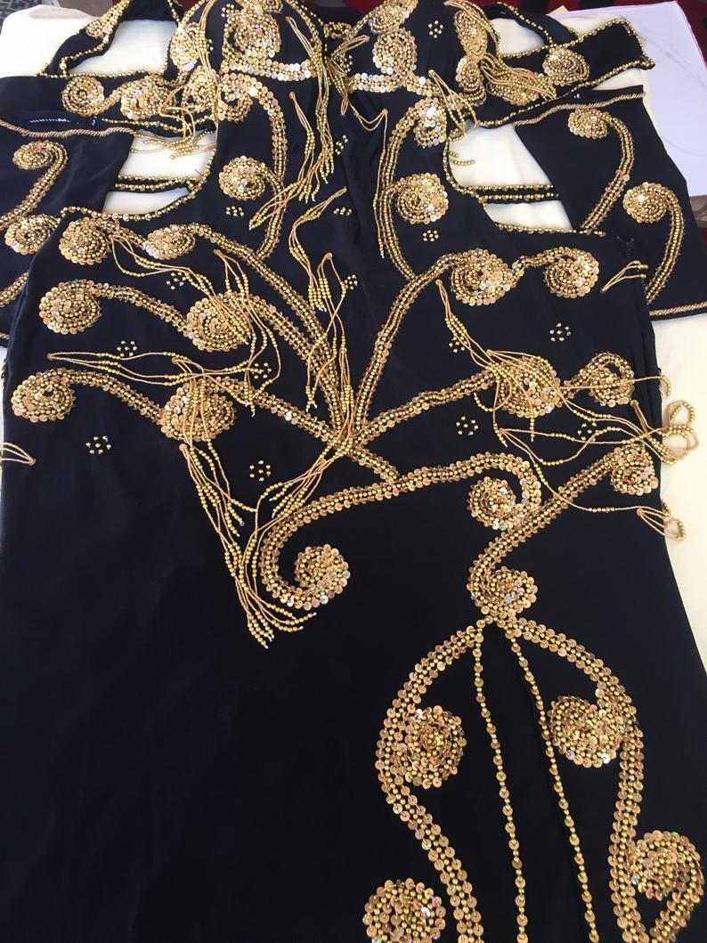 Luxury Custom Belly Dance Costume | Embroidered Oriental Dress with Sleeves | Professional Handmade for Any Size