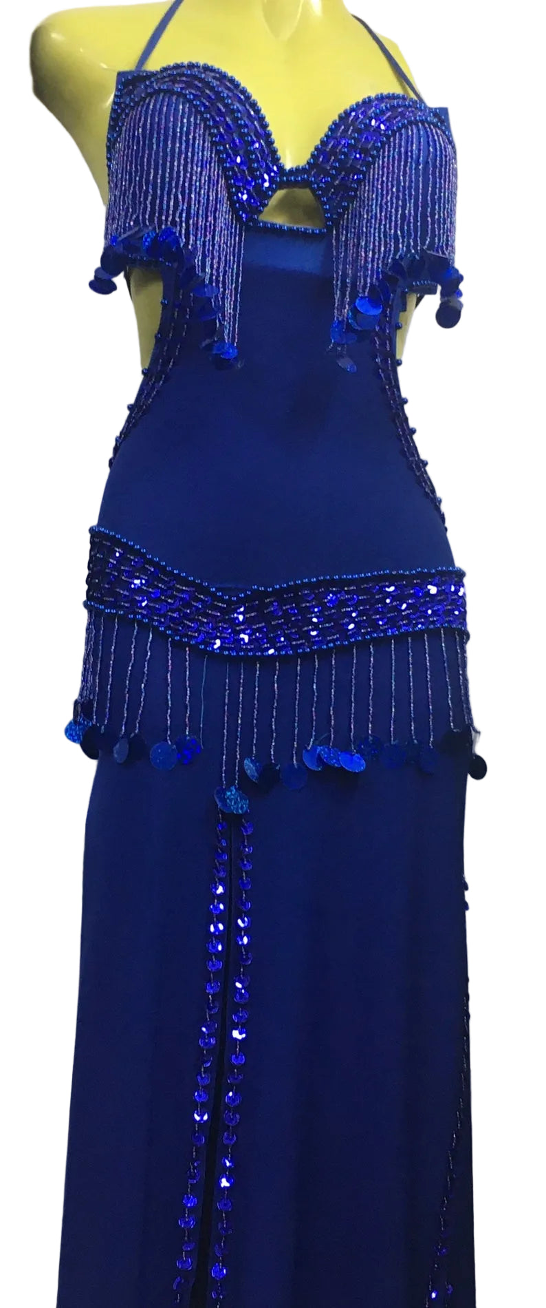 Blue evening gown with beaded details on a mannequin