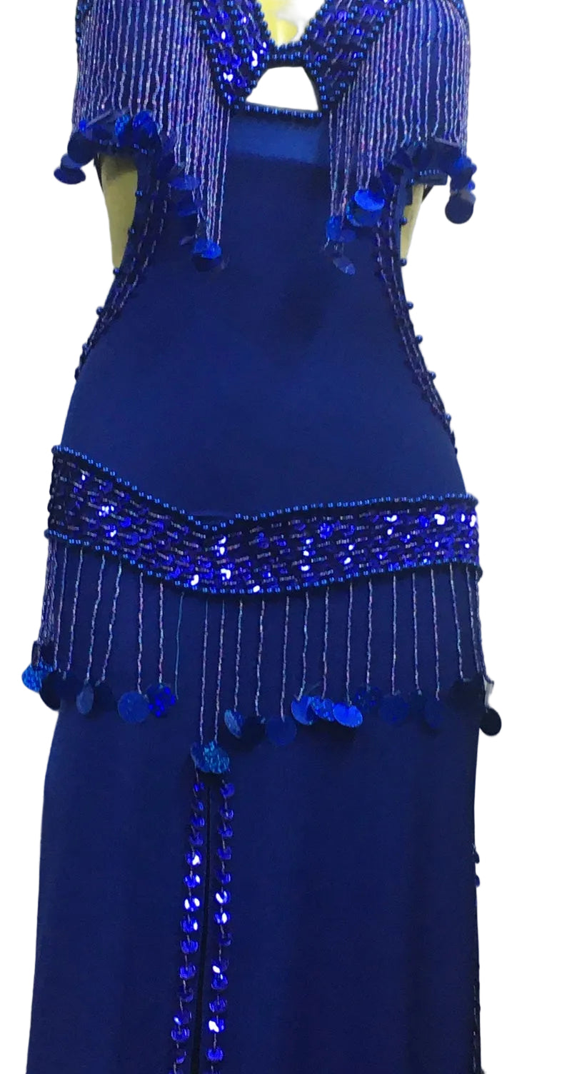 Blue evening gown with beaded details on a white background