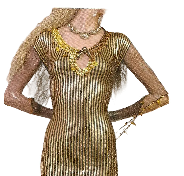 Gold dress with jewelry on a model against a decorative background