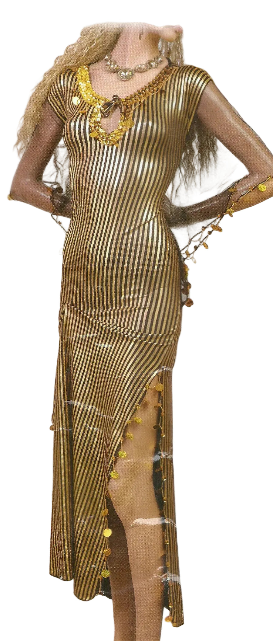 Gold evening gown with decorative elements on a plain background