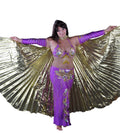 A woman performing a dance, wearing a purple and gold belly dance costume with large feathered skirt, posing against a black background.