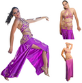 Purple belly dance costume with gold accents worn by a model on a white background