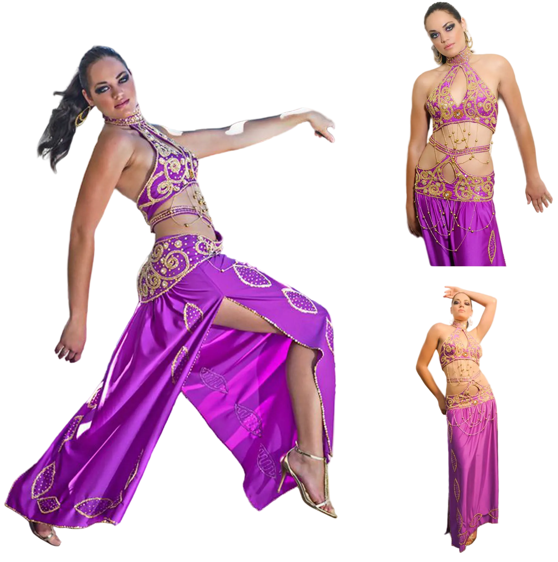 Purple belly dance costume with gold accents worn by a model on a white background