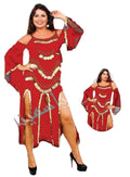 Woman wearing a red dress with gold embellishments on a white background