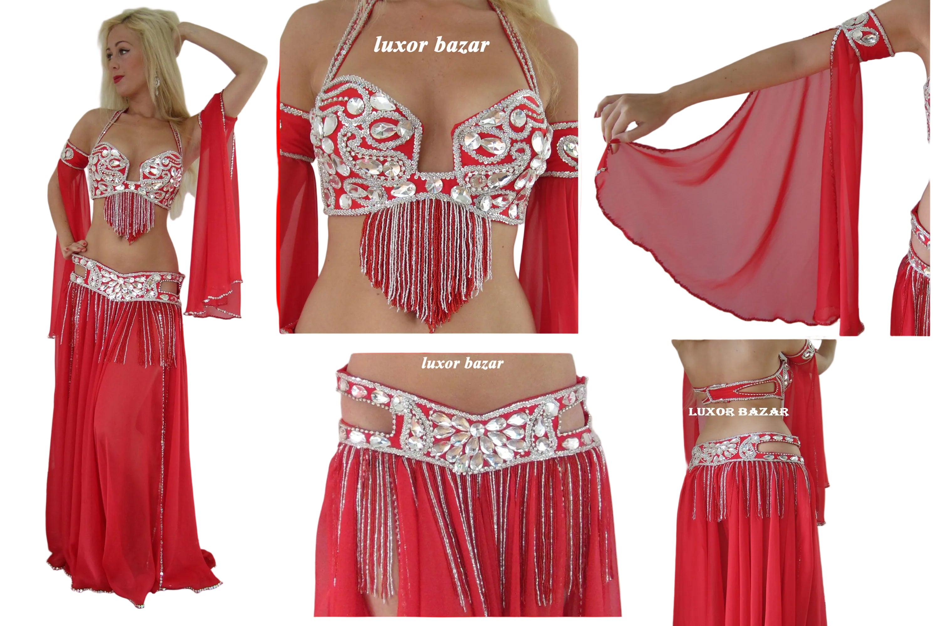 Red belly dance costume with silver embellishments and 'Luxor Bazar' branding.