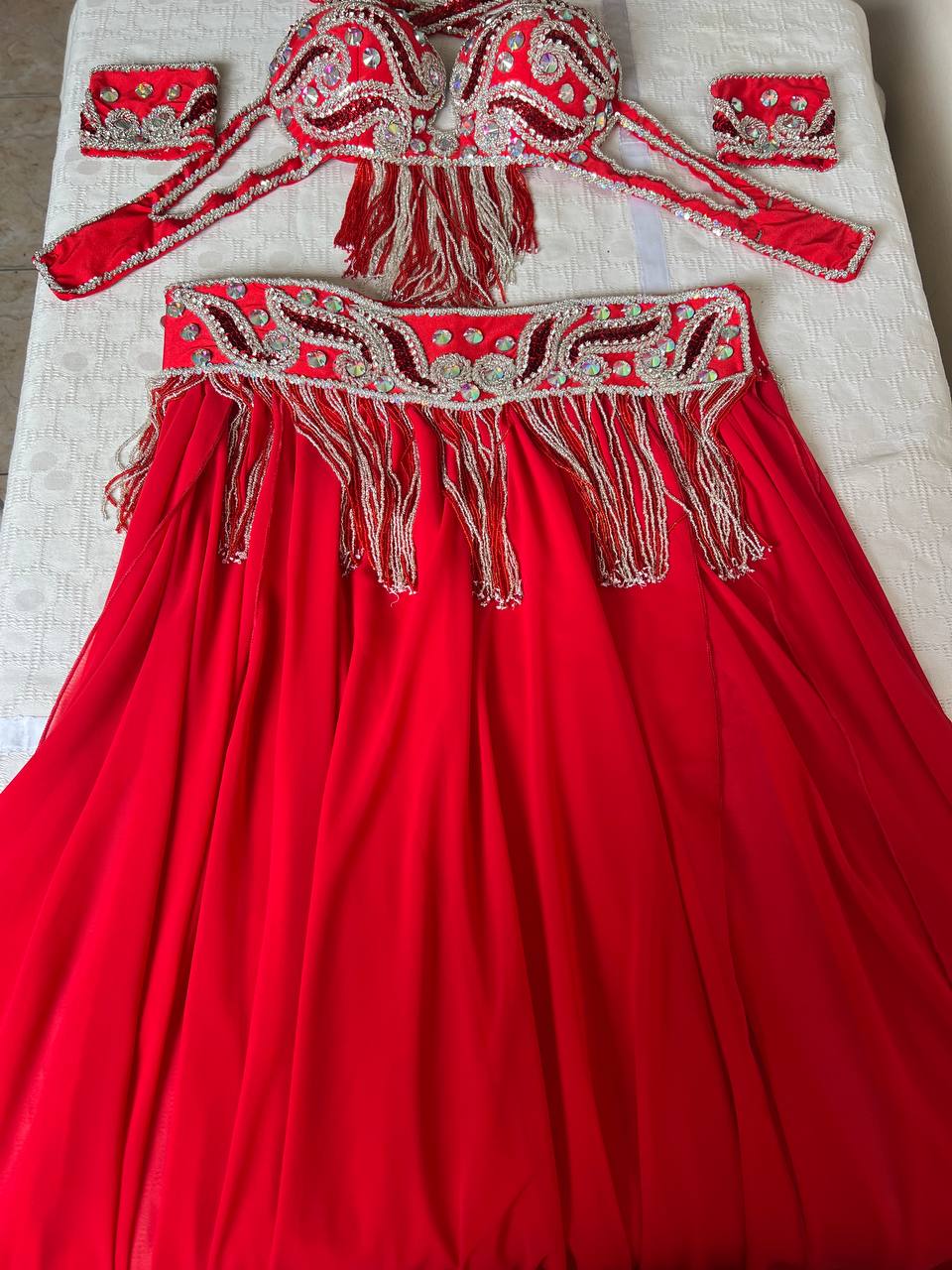 Egyptian professional belly dance costume, handmade stitched oriental dance set, custom-made belly dancing outfit, rich beading work.