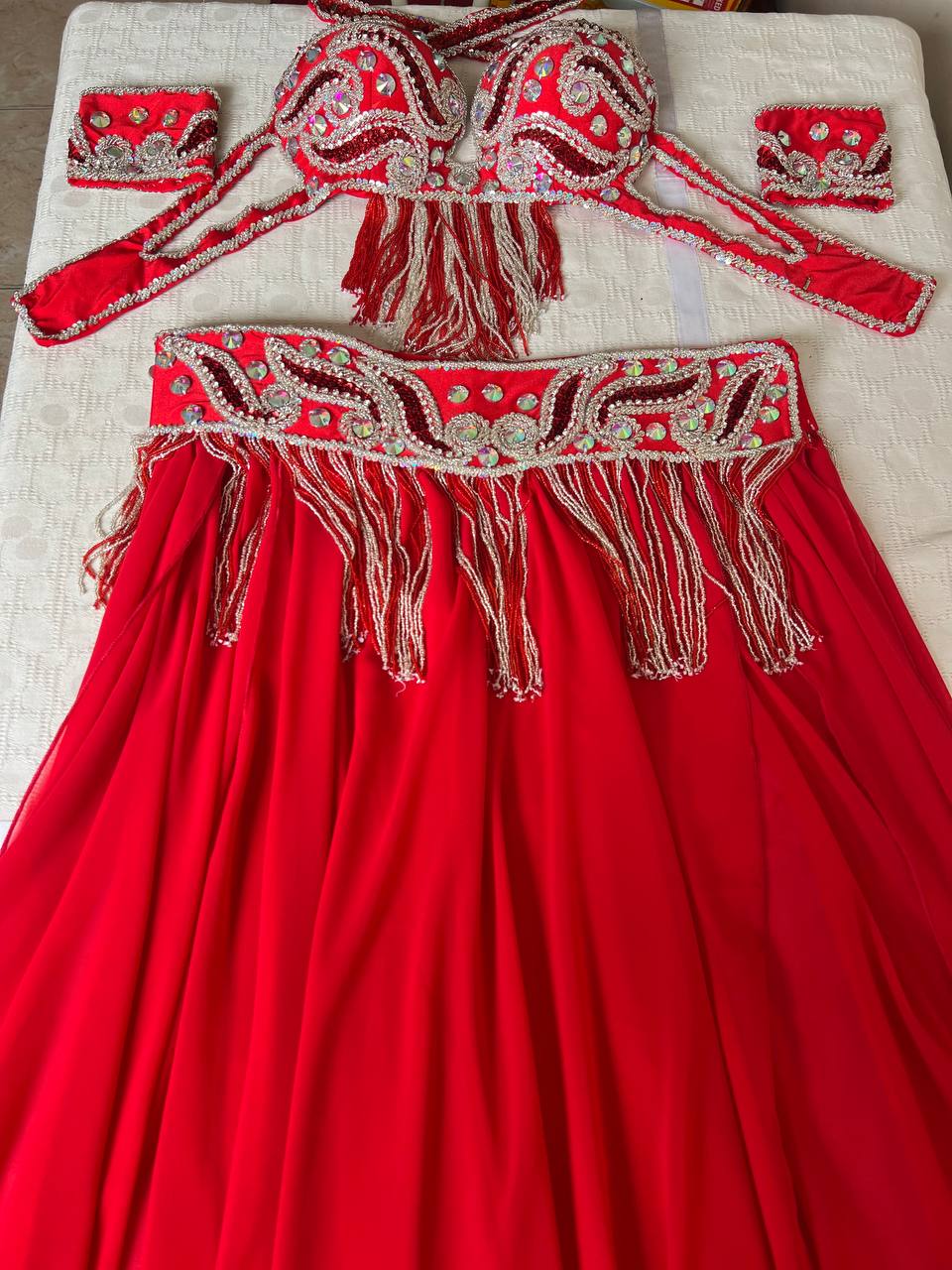 Egyptian professional belly dance costume, handmade stitched oriental dance set, custom-made belly dancing outfit, rich beading work.
