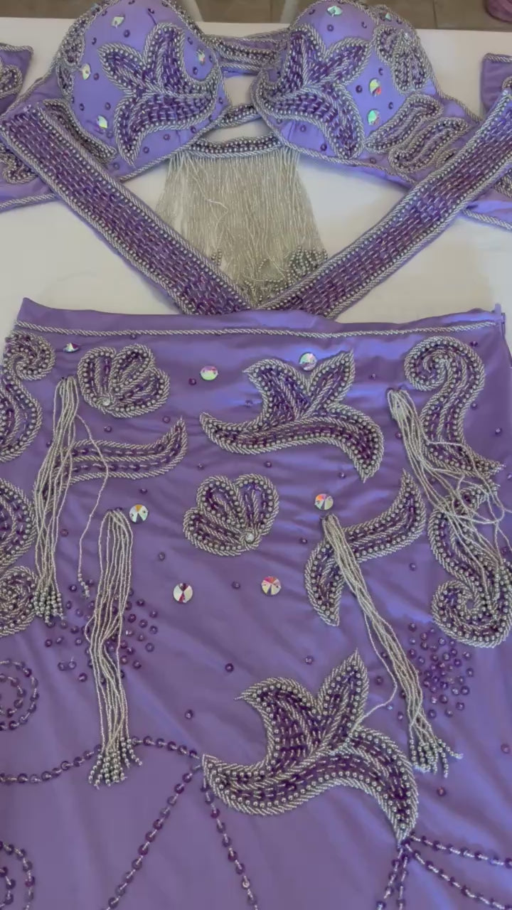 Lavender Purple Professional belly dance costume/ Handmade embellished Belly dancer skirt and bra outfit