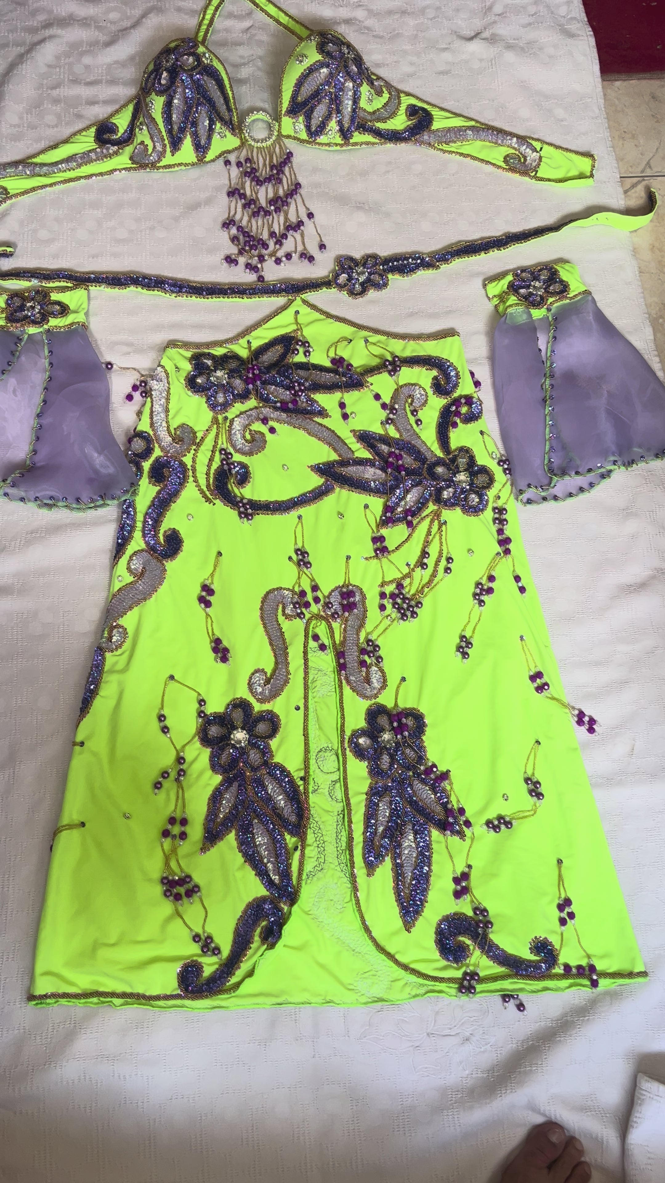 Authentic Egyptian belly dance costume/ Bright lime green with purple sequins
