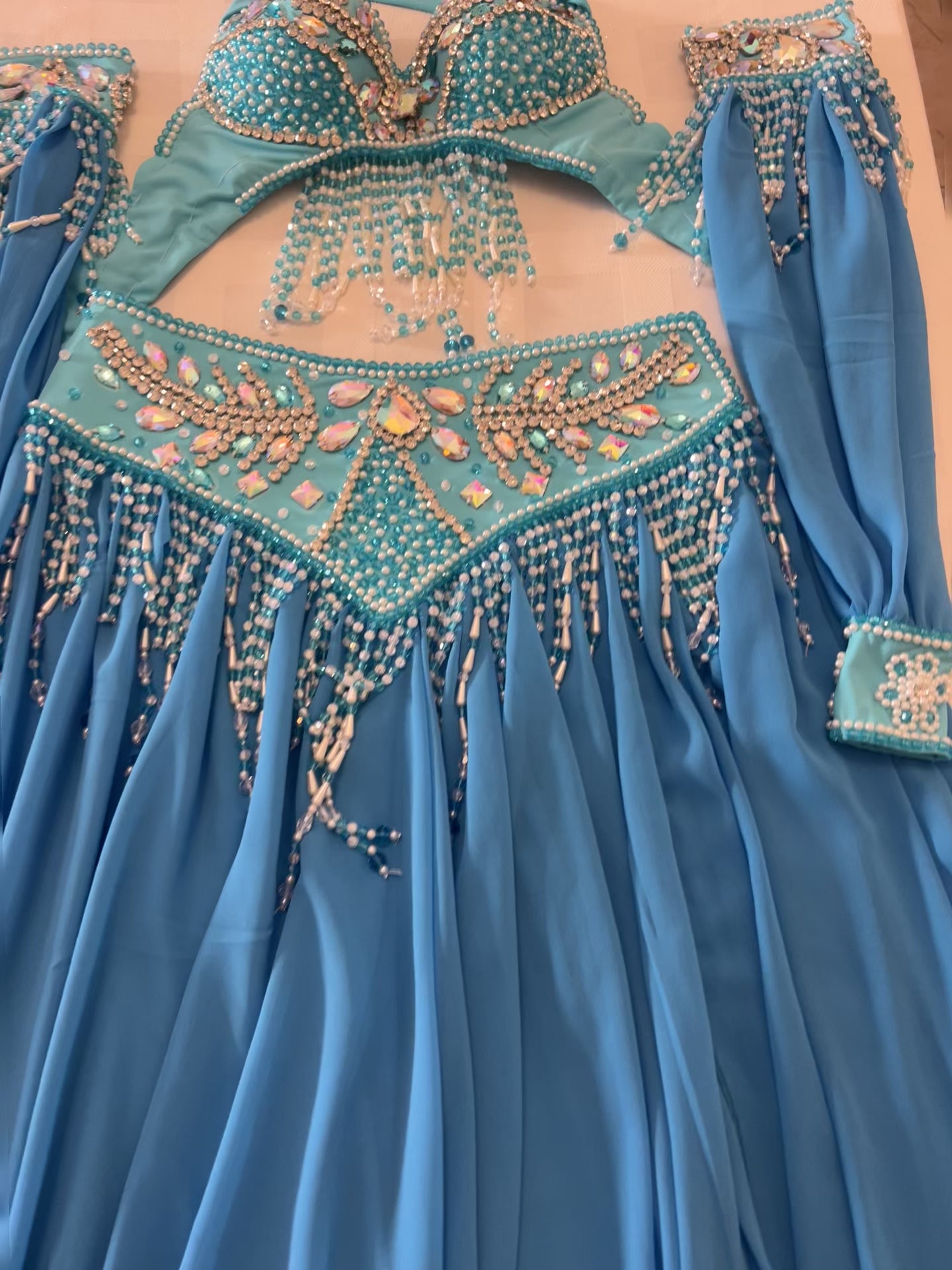 Professional Belly Dance Costume/ elegant Turquoise Blue Stage dancing Belt and Bra Set