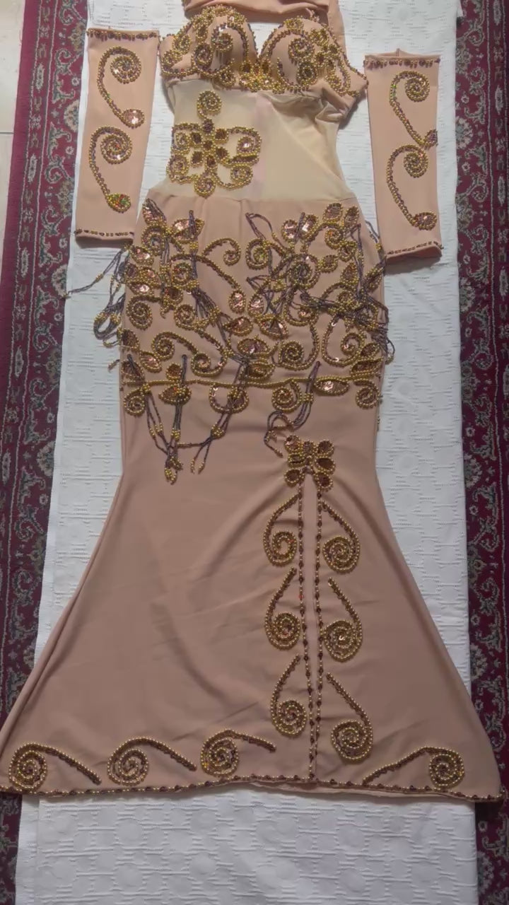 Authentic Egyptian Belly dance dress/ Handmade Elegant Beige custom dancing costume