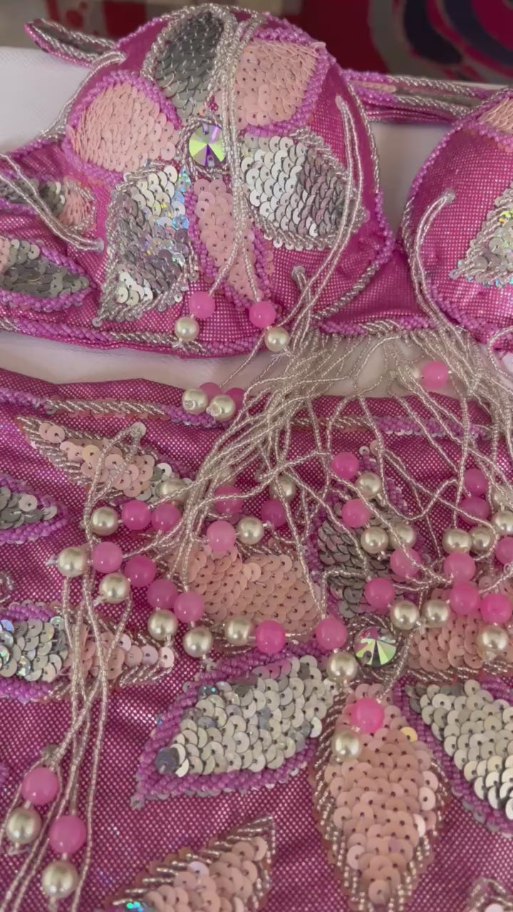 Authentic Egyptian Professional Belly dance costume / Hot shiny pink Handmade embellished belly dancer skirt and bra outfit