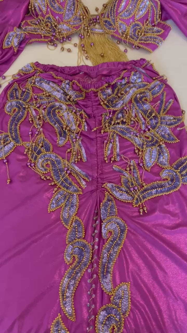 Shiny Vibrant Purple Professional Belly dance costume with short sleeves/ Handmade embellished dancing Outfit