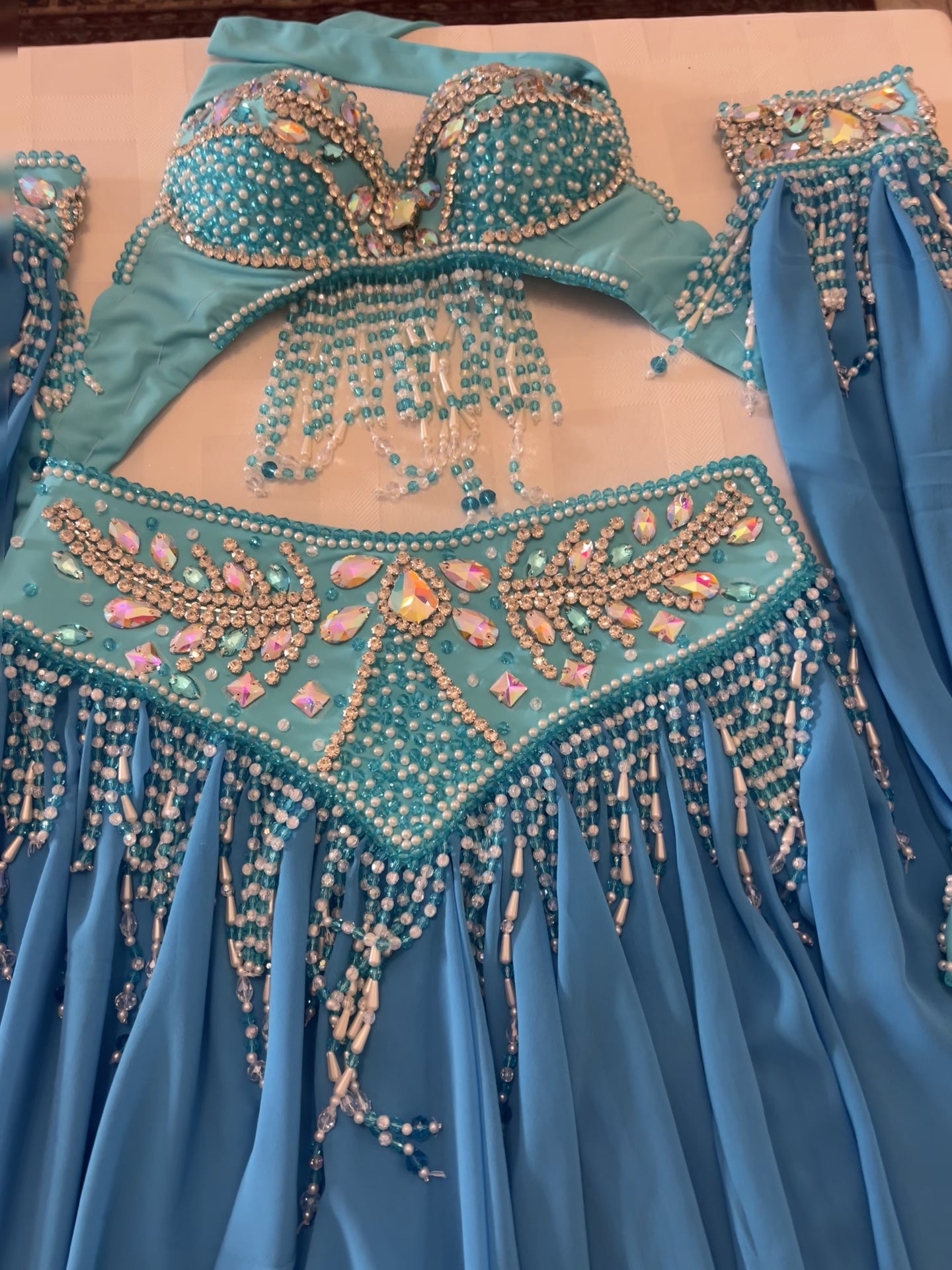 Professional Belly Dance Costume/ elegant Turquoise Blue Stage dancing Belt and Bra Set