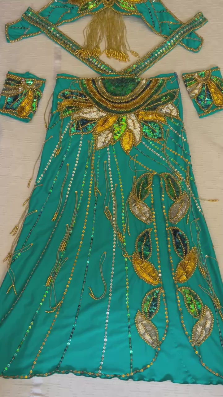 A video showcasing the details of our elegant turquoise belly dance costume, adorned with multicolored sequins and golden beads.