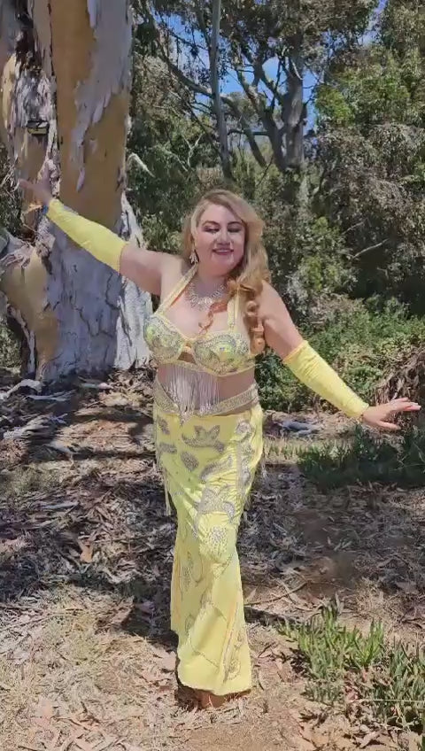 Vibrant Yellow Egyptian Belly Dance Costume, Custom-Made belly dance Dress, Handmade embroidered oriental outfit.