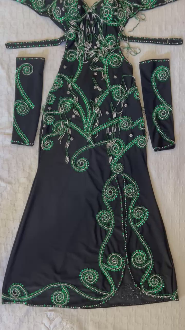 Handmade Belly Dance Costume – Elegant One-Piece Dress with Arm Accessories & Headpiece, Intricately Embellished Ensemble