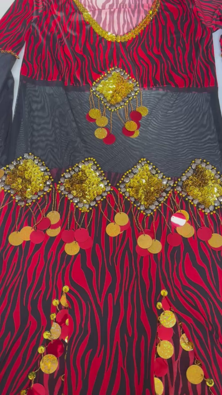 Aprofessional belly dance dress in red & black fabric embellished with golden sequins and accnts